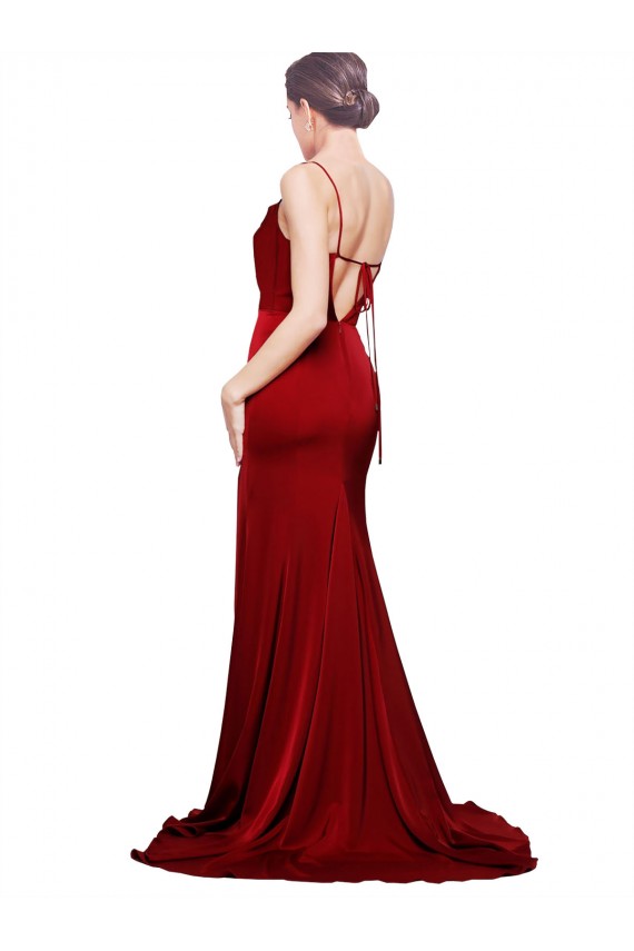 Best Sleeveless Open Back Sweep Train Cowl Neck Sheath Burgundy Evening Dress UK