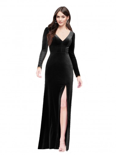 Best Long Sleeves V-Back Long V-Neck Column Evening Dress UK