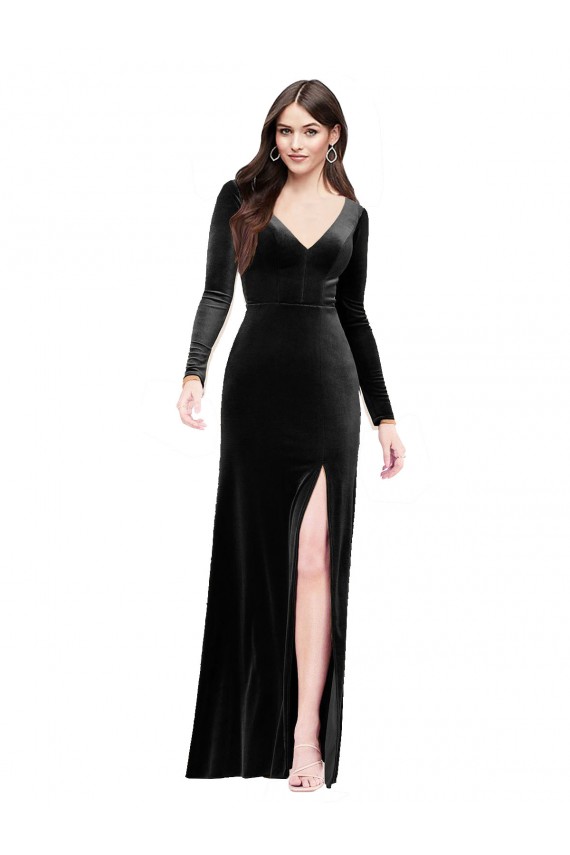 Best Long Sleeves V-Back Long V-Neck Column Evening Dress UK