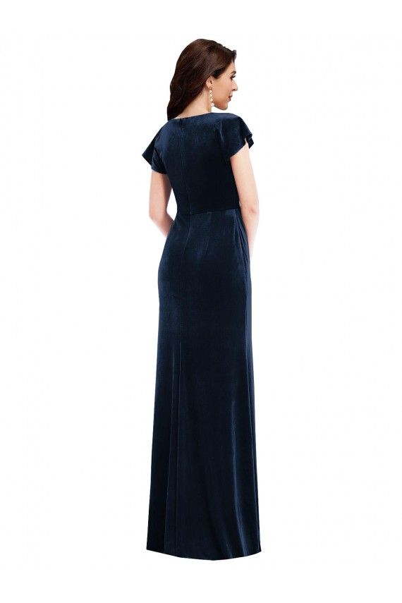 Best Flutter Sleeves Long V-Neck A-Line Dark Navy Maxi Evening Dress UK