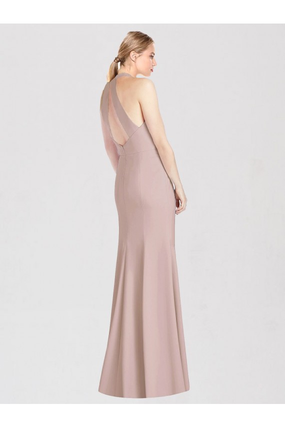 Best Sleeveless Open Back Long Halter Neck Trumpet Dusty Pink Semi Formal Evening Dress UK