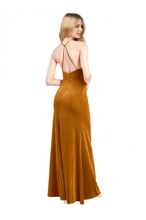 Best Sleeveless Open Back Long High Neck A-Line Stretch Velvet Evening Dress UK