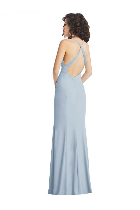 Best Sleeveless Open Back Long High Neck Trumpet Light Sky Blue Maxi Evening Dress UK