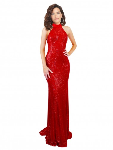 Best Sleeveless Open Back Long High Neck Mermaid Sequin Evening Dress UK