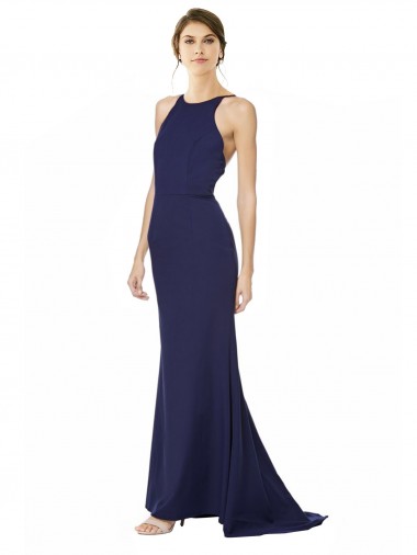 Best Sleeveless Open Back Long High Neck Mermaid Navy Blue Evening Dress UK