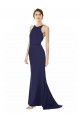 Best Sleeveless Open Back Long High Neck Mermaid Navy Blue Evening Dress UK