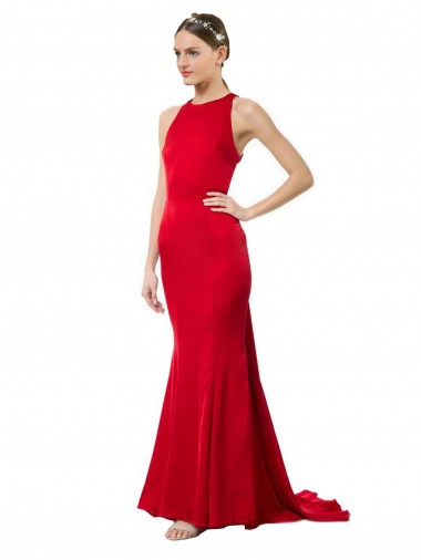 Best Sleeveless Open Back Long High Neck Mermaid Red Maxi Evening Dress UK