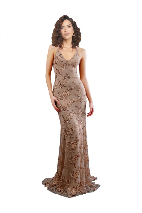 Best Sleeveless Open Back Long High Neck Mermaid Rose Gold Evening Dress UK