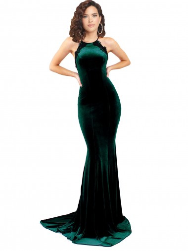 Best Sleeveless Open Back Sweep Train High Neck Mermaid Evening Dress UK