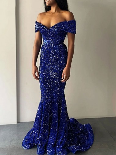 Best Sleeveless Long Sweep Train Off the Shoulder Mermaid Evening Dress UK