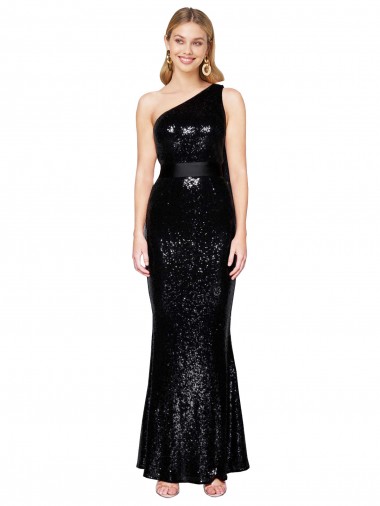 Best Sleeveless Long One Shoulder Mermaid Sequin Evening Dress UK