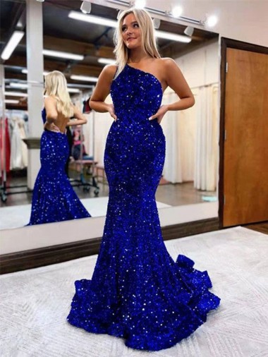 Best Sleeveless Sweep Train One Shoulder Mermaid Evening Gown UK