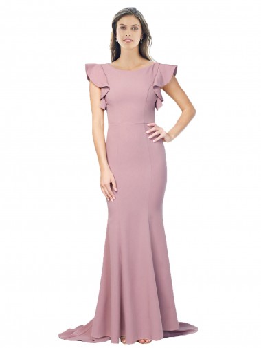 Best Flutter Sleeves V-Back Sweep Train Round Neck Mermaid Evening Dress UK