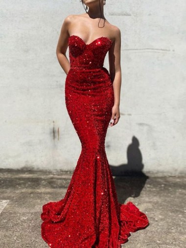 Best Sleeveless Court Train Long Sweetheart Mermaid Evening Dress UK