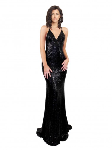 Best Sleeveless Open Back Long V-Neck Mermaid Black Sequin Sexy Evening Dress UK