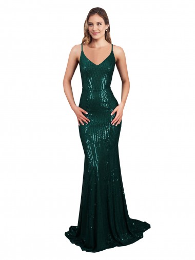 Best Sleeveless Low Back Long V-Neck Mermaid Sequin Sexy Evening Dress UK