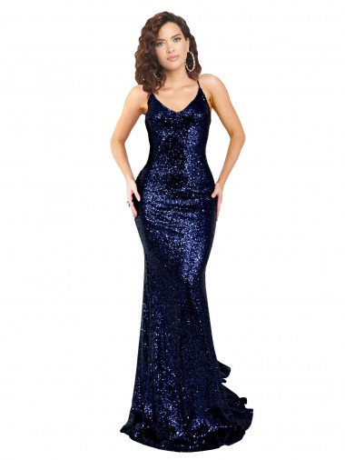 Best Sleeveless Open Back Long V-Neck Mermaid Dark Navy Sexy Evening Dress UK