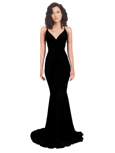 Best Sleeveless Open Back Long V-Neck Mermaid Black Sexy Evening Dress UK