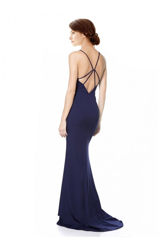 Best Sleeveless Open Back Long High Neck Mermaid Navy Blue Evening Dress UK