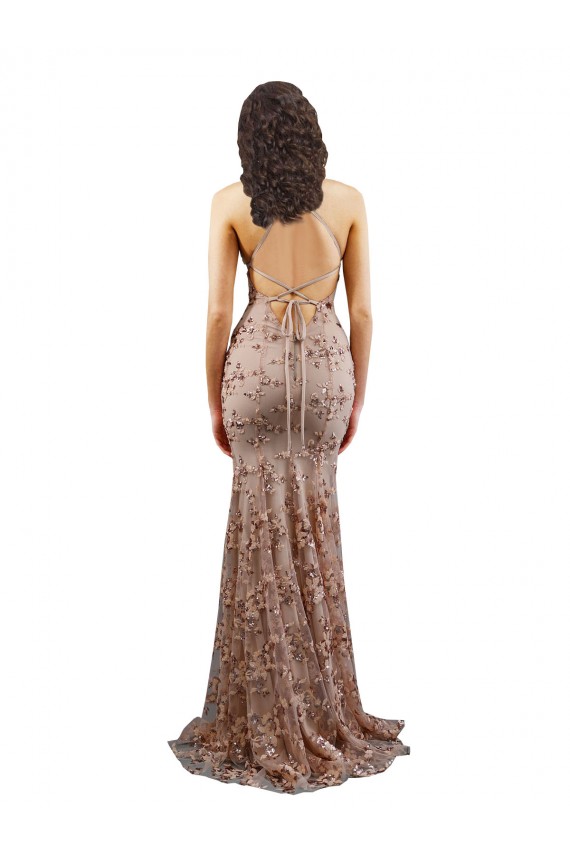 Best Sleeveless Open Back Long High Neck Mermaid Rose Gold Evening Dress UK