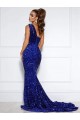 Best Sleeveless Court Train One Shoulder Mermaid Long Evening Dress UK