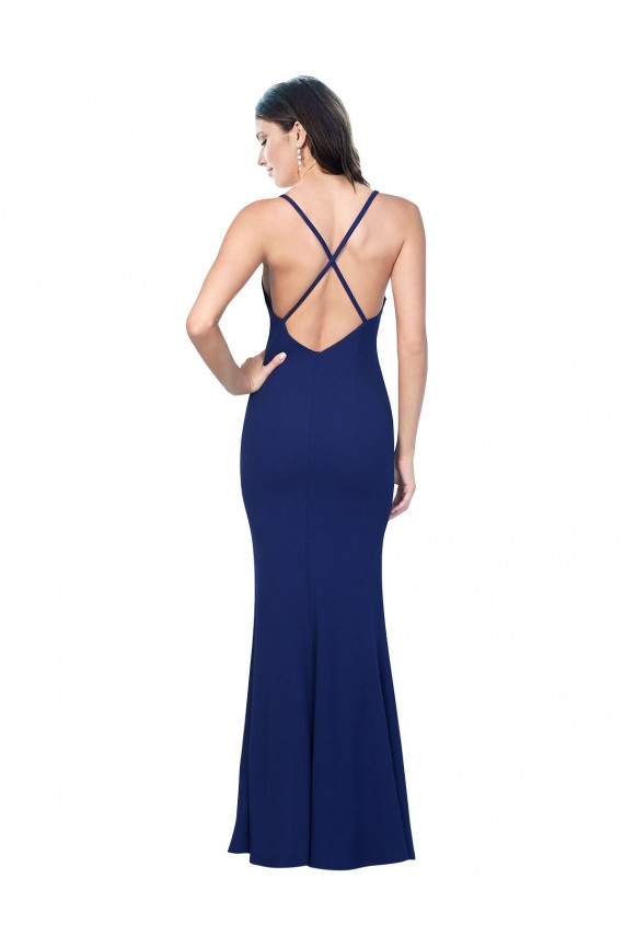 Best Sleeveless Open Back Long V-Neck Sheath Stretch Crepe Evening Dress UK