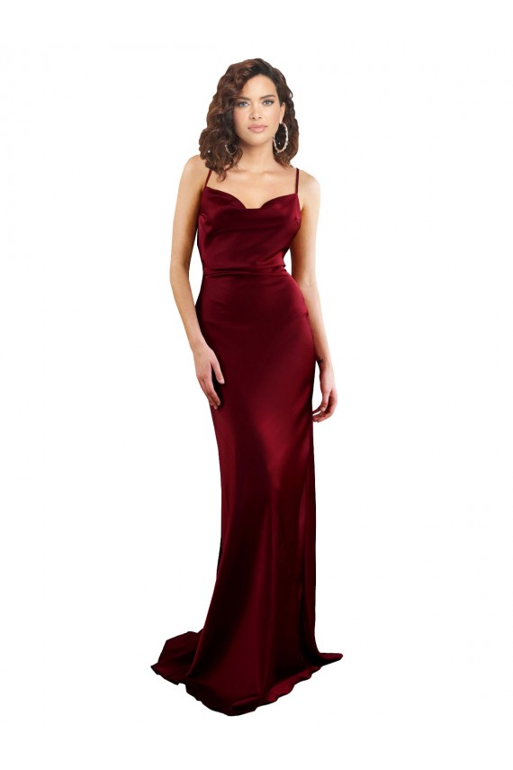 Best Sleeveless Open Back Long Cowl Neck Sheath Silky Satin Evening Dress UK