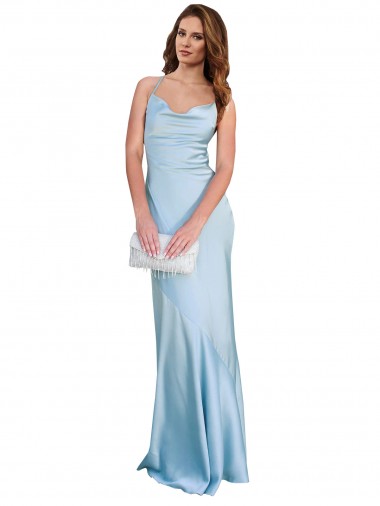 Best Sleeveless Open Back Long Cowl Neck Sheath Light Sky Blue Evening Dress UK