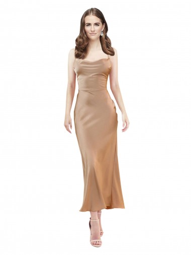 Best Sleeveless Open Back Midi Length Cowl Neck Sheath Silky Satin Evening Dress UK