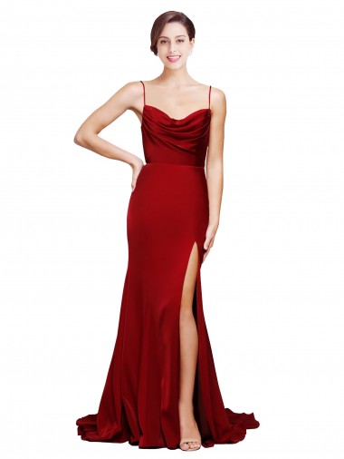 Best Sleeveless Open Back Sweep Train Cowl Neck Sheath Burgundy Evening Dress UK