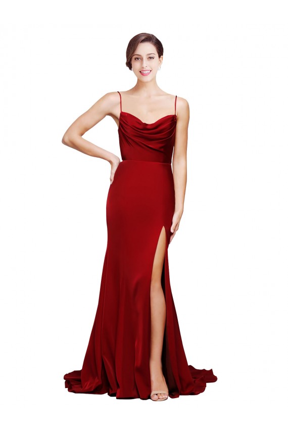 Best Sleeveless Open Back Sweep Train Cowl Neck Sheath Burgundy Evening Dress UK