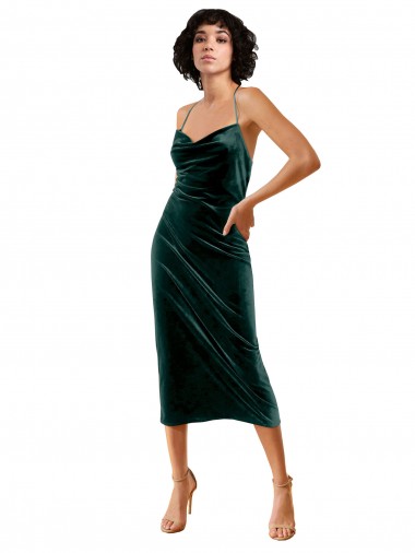 Best Sleeveless Open Back Midi Length Cowl Neck Sheath Stretch Velvet Evening Dress UK