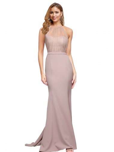 Best Sleeveless Sweep Train High Neck Sheath Evening Dress UK