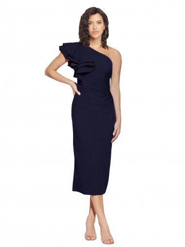 Best Sleeveless Midi Length One Shoulder Sheath Stretch Crepe Evening Dress UK