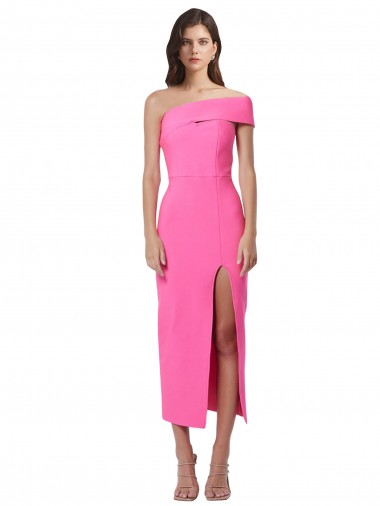 Best Sleeveless Midi Length One Shoulder Sheath Fuchsia Evening Dress UK