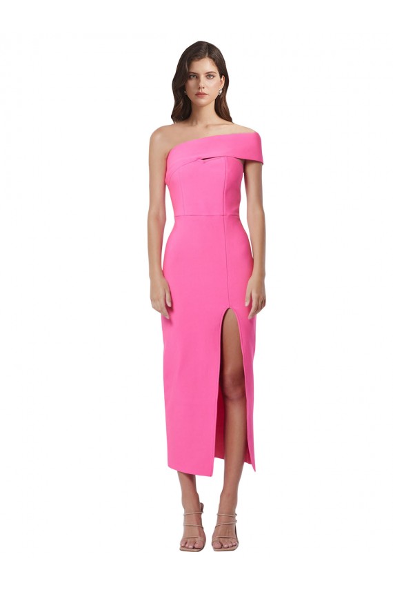 Best Sleeveless Midi Length One Shoulder Sheath Fuchsia Evening Dress UK