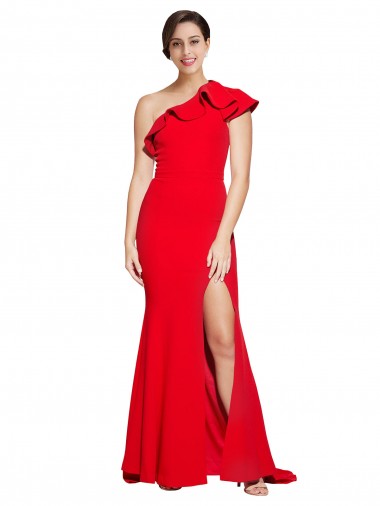 Best Sleeveless Sweep Train One Shoulder Sheath Red Semi Formal Evening Dress UK