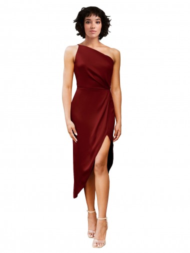 Best Sleeveless Midi Length One Shoulder Sheath Stretch Satin Evening Dress UK