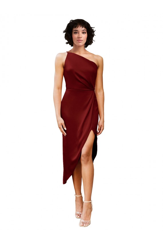 Best Sleeveless Midi Length One Shoulder Sheath Stretch Satin Evening Dress UK