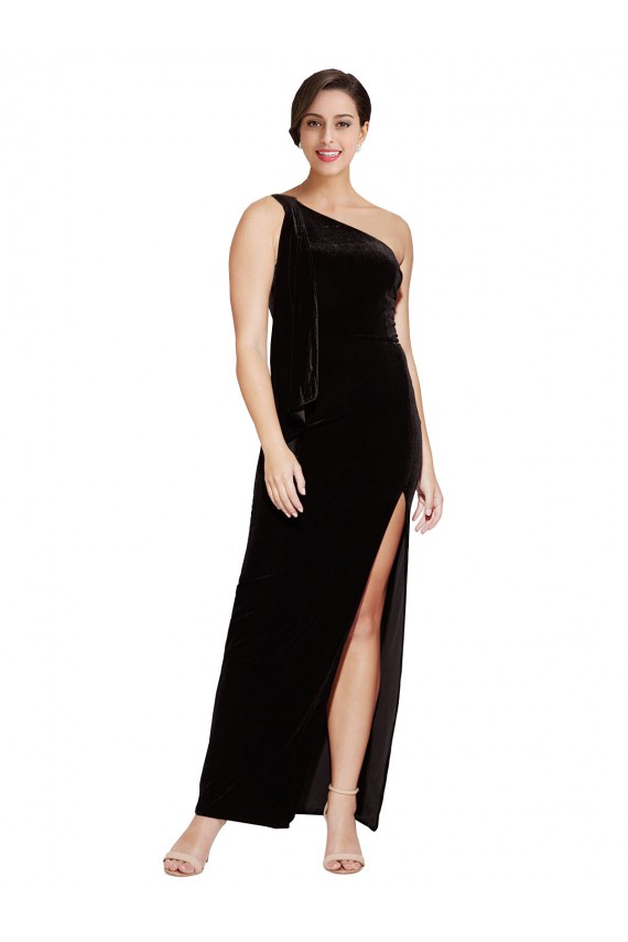 Best Sleeveless Long One Shoulder Sheath Black Evening Dress UK