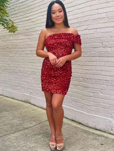 Best Sleeveless Short One Shoulder Sheath Burgundy Homecoming Dress UK