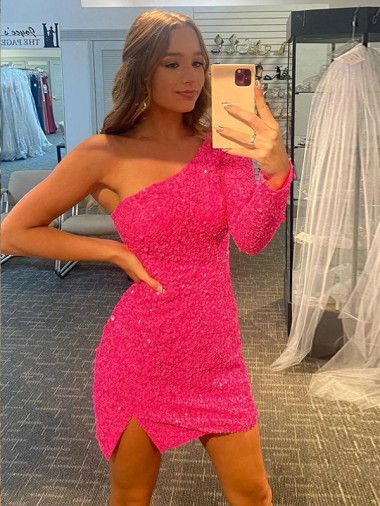 Best Long Sleeves Short One Shoulder Sheath Short Homecoming Dress UK