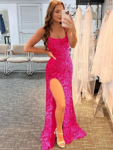 Best Sleeveless Sweep Train Spaghetti Straps Sheath Fuchsia Evening Dress UK