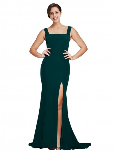 Best Sleeveless Sweep Train Square Neck Sheath Midnight Green Semi Formal Evening Dress UK