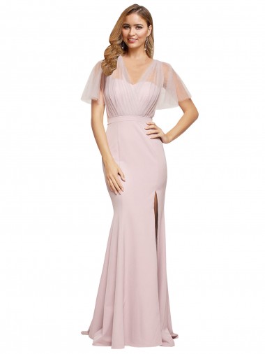 Best Short Sleeves V-Back Long Sweetheart Sheath Evening Dress UK