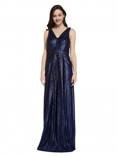 Best Sleeveless V-Back Long V-Neck Sheath Sequin Evening Dress UK