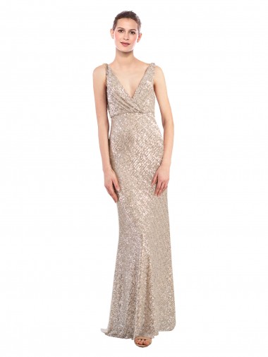 Best Sleeveless V-Back Long V-Neck Sheath Sparkling Sequin Evening Dress UK