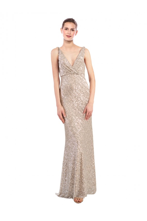 Best Sleeveless V-Back Long V-Neck Sheath Sparkling Sequin Evening Dress UK