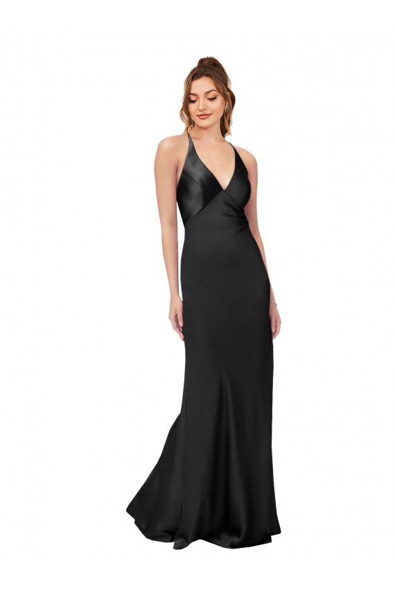 Best Sleeveless Open Back Long V-Neck Sheath Silky Satin Evening Dress UK