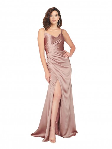 Best Sleeveless V-Back Long V-Neck Sheath Silky Satin Evening Dress UK